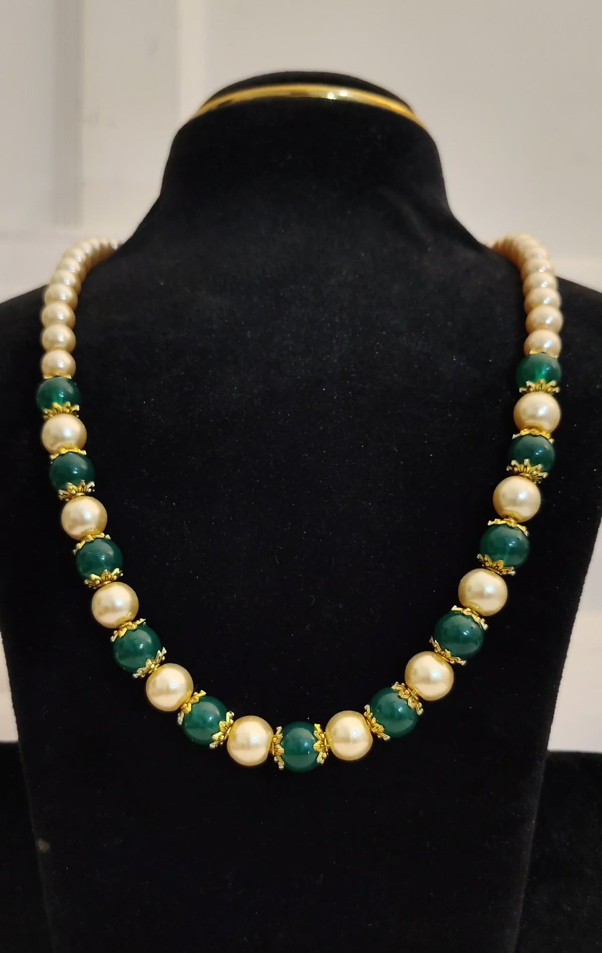 Emerald Beads & Pearl Necklace With Gold Spacers - view 2