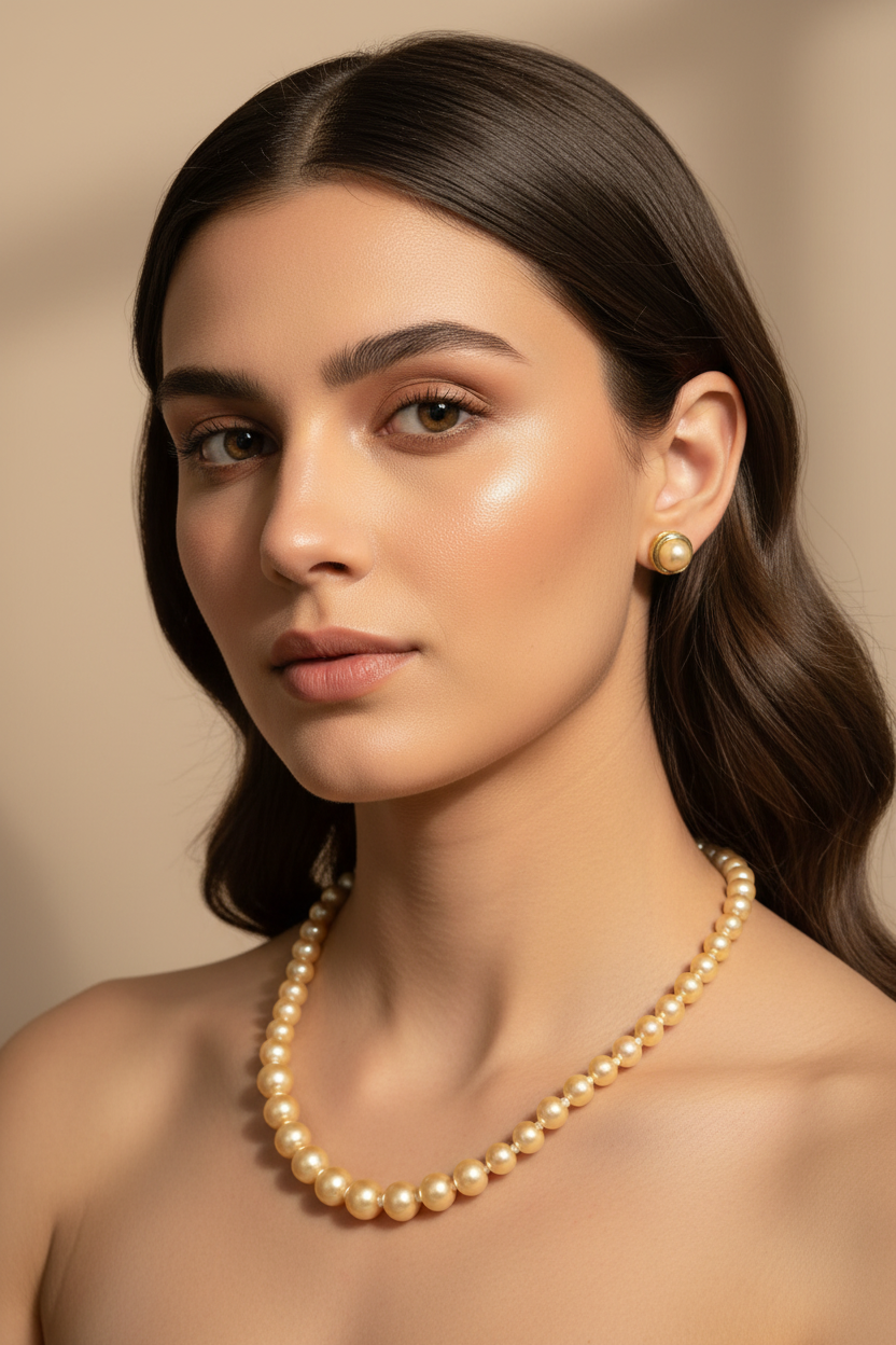 Golden Shade Pearl Necklace Set With Golden Metal Earrings