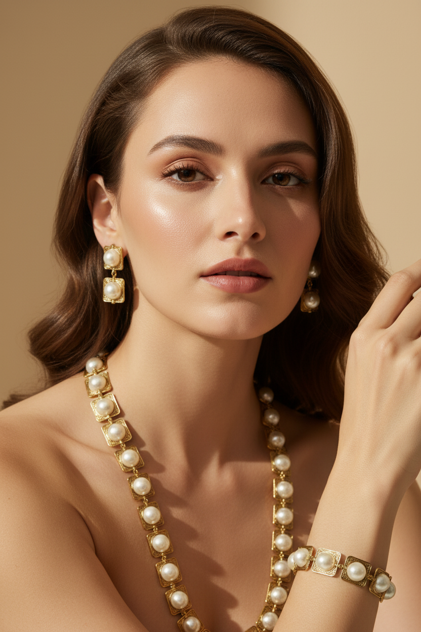White Pearls With Golden Metal - Necklace, Earrings, Bracelet - 4 Piece Set