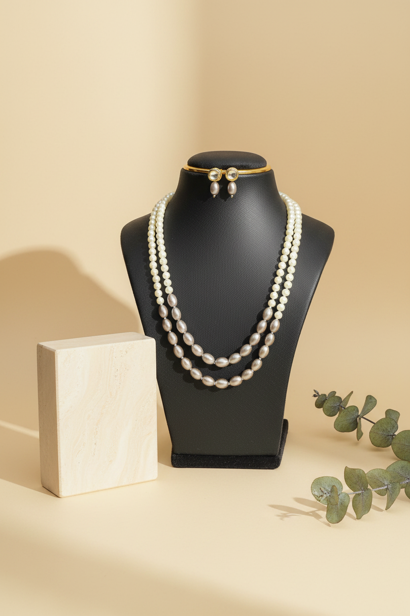 Gray White Double layer Necklace With Golden Metal Earrings - view 2