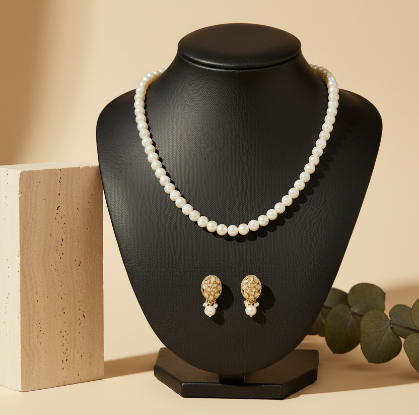 White Pearl Necklace With Earrings DB00137 - view 2