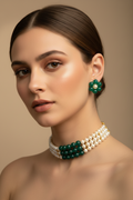 Green And White Pearl Choker Set With 3 Layers