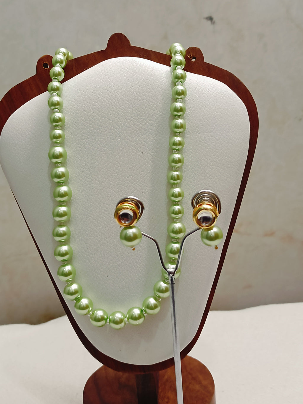 Premium Green Shade Pearls With Golden Metal Earrings - view 2