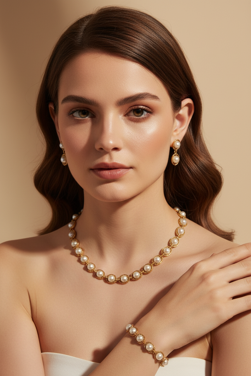 White Pearls With Golden Round Metal - Necklace, Earrings, Bracelet -5 piece Set
