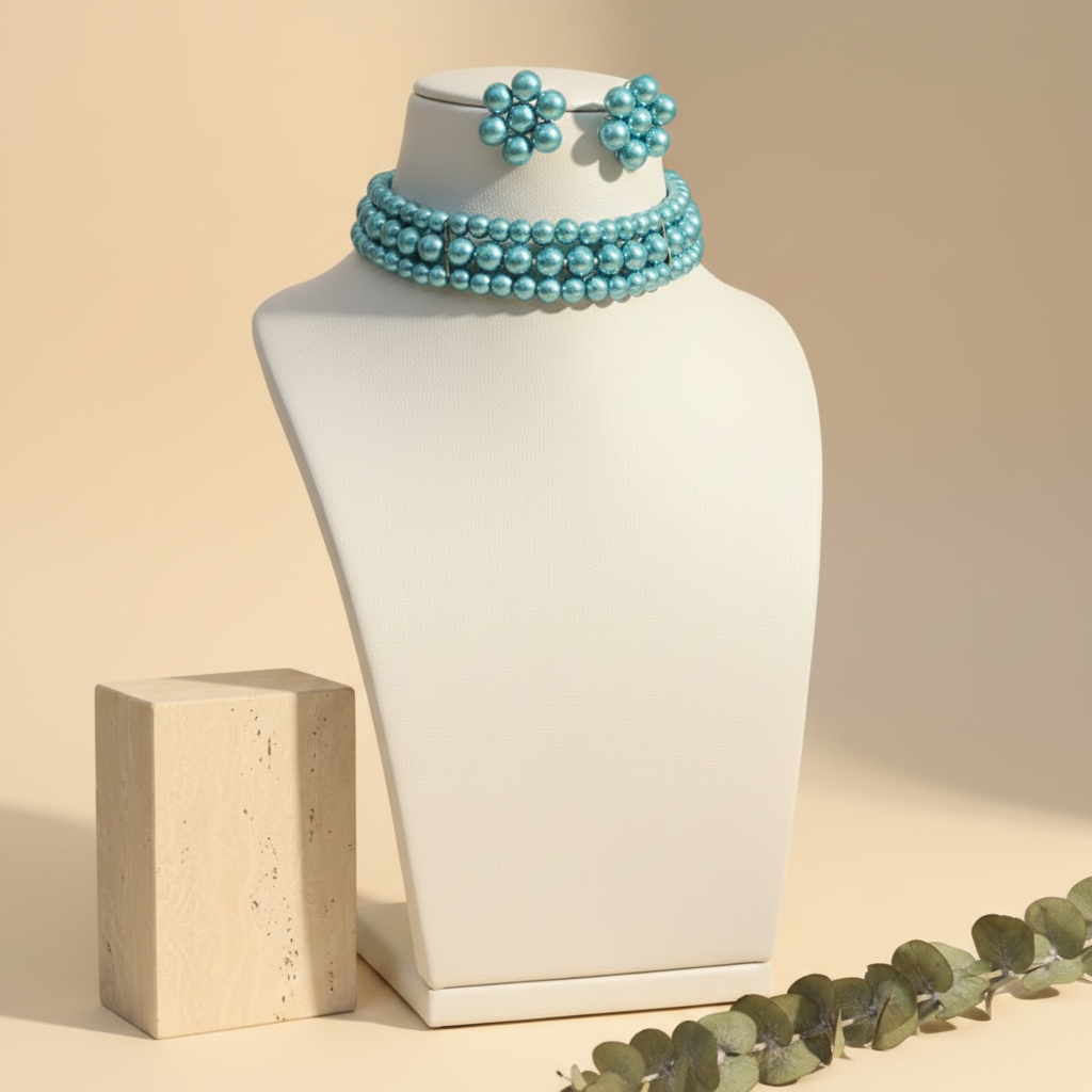 Bright Blue Pearl 3 Layer With Earrings Choker Set - view 2