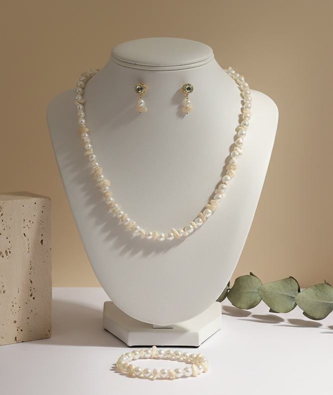 Unique White Pearl Necklace With Earring and Bracelet - view 2
