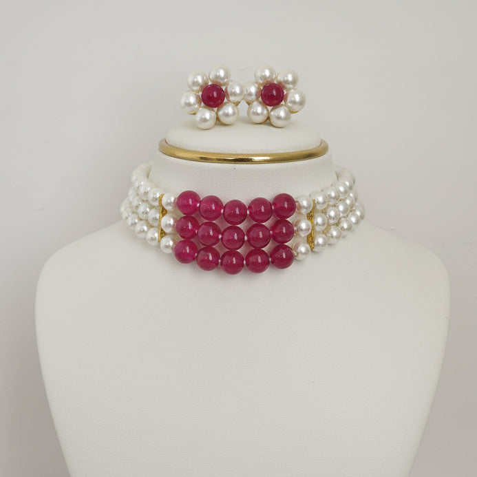 Elegant Red White Pearl Choker Necklace - view 2