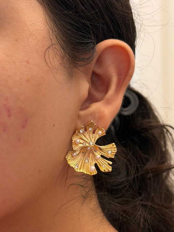 Pearl Leaf Statement Earrings - view 2