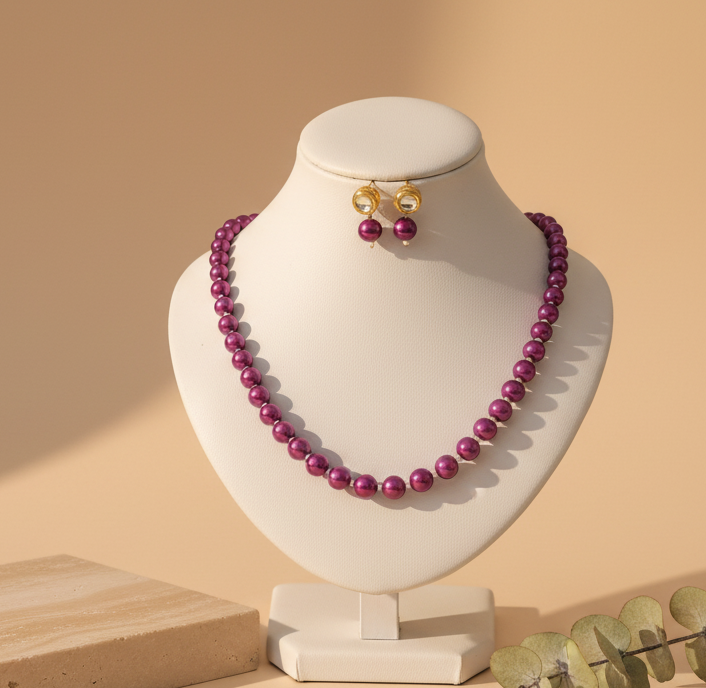Purple Pearl With Golden Metal Earrings - view 2