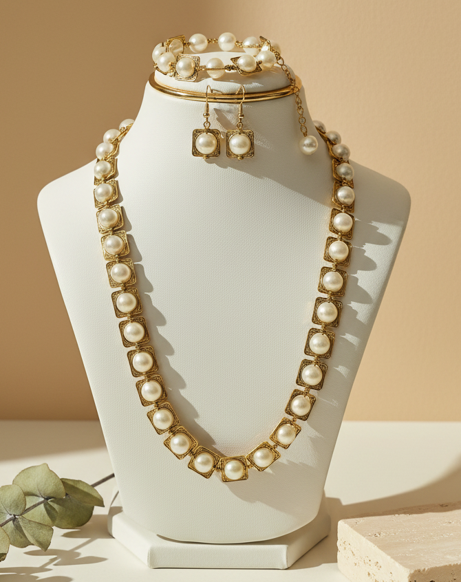 White Pearls With Golden Metal - Necklace, Earrings, Bracelet - 4 Piece Set - view 2