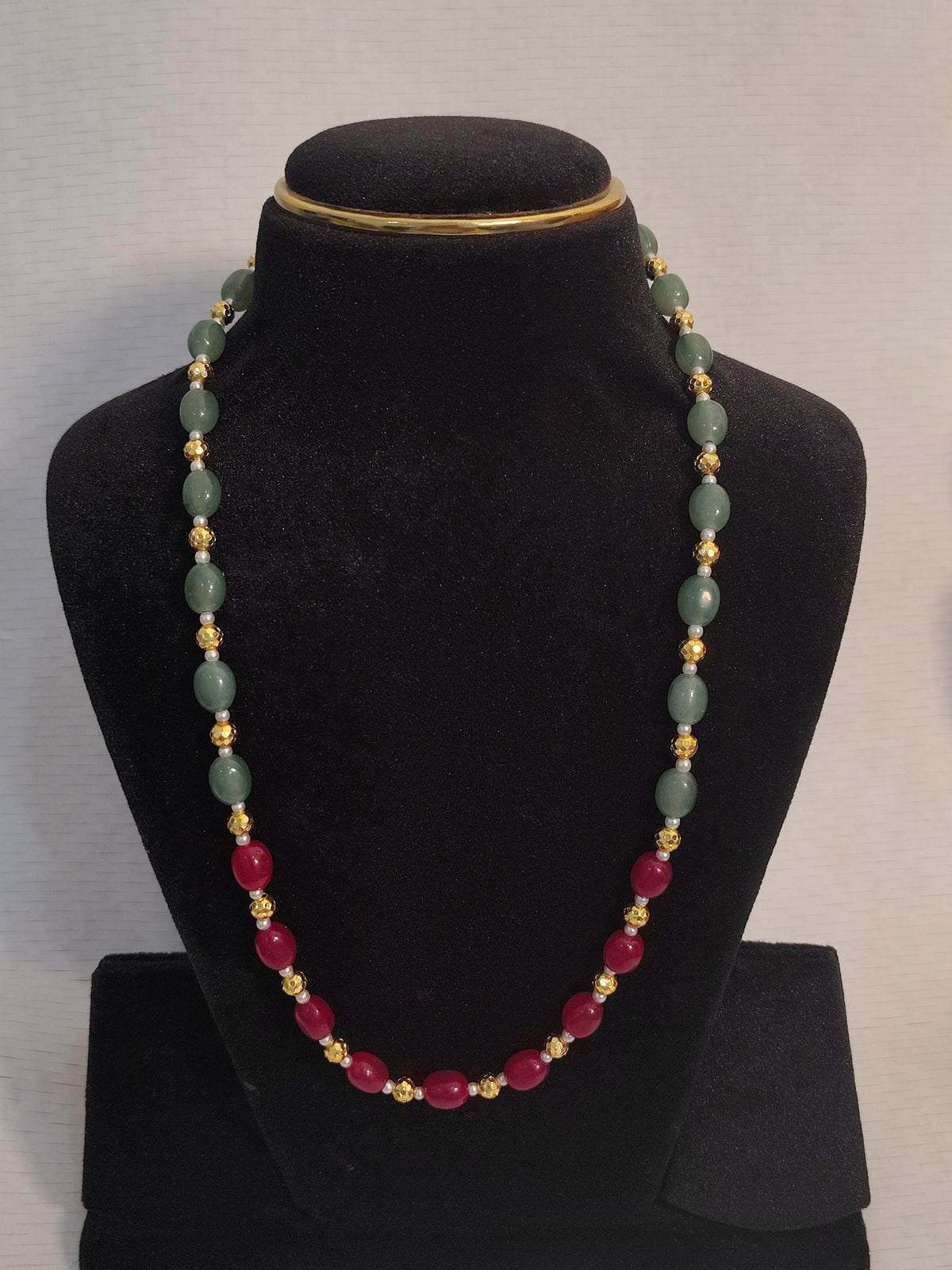 Red and Green Gemstone Beaded Mala with Gold Spacers