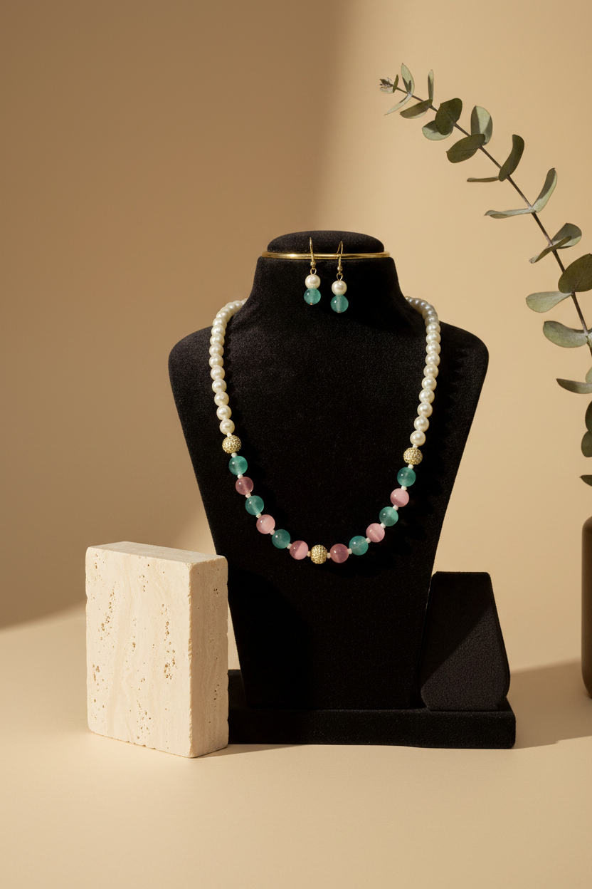Multi Colour Pearl With Matching Earrings Necklace Set - view 2