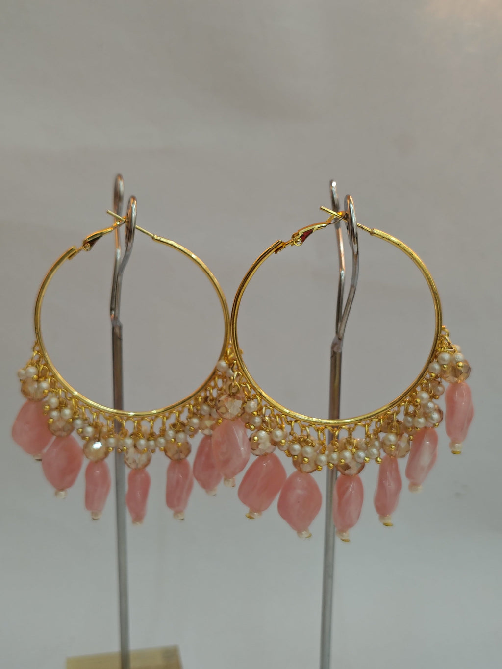Golden Metal Hoop With Off Pink Stone - view 2