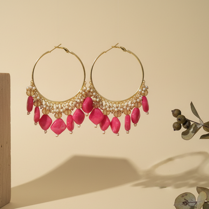 Golden Metal Hoop With Bright Pink Stone - view 2