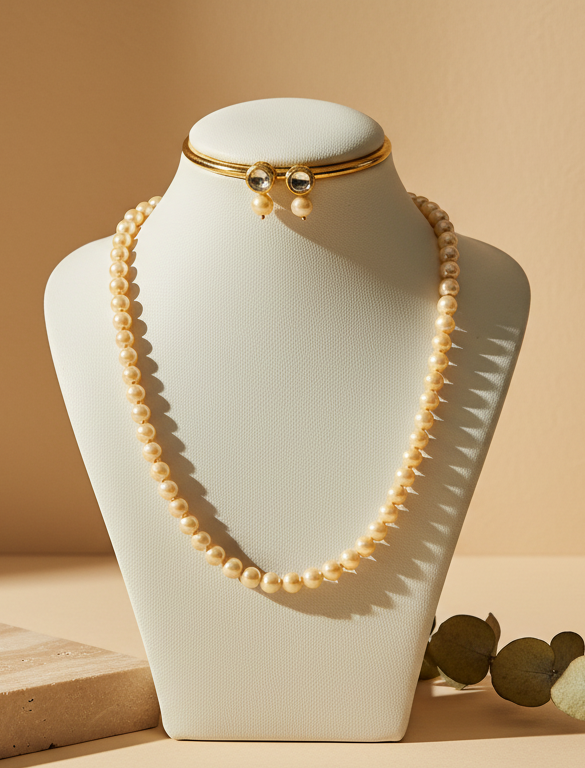 Light Golden Pearl With Golden Metal Earrings - view 2