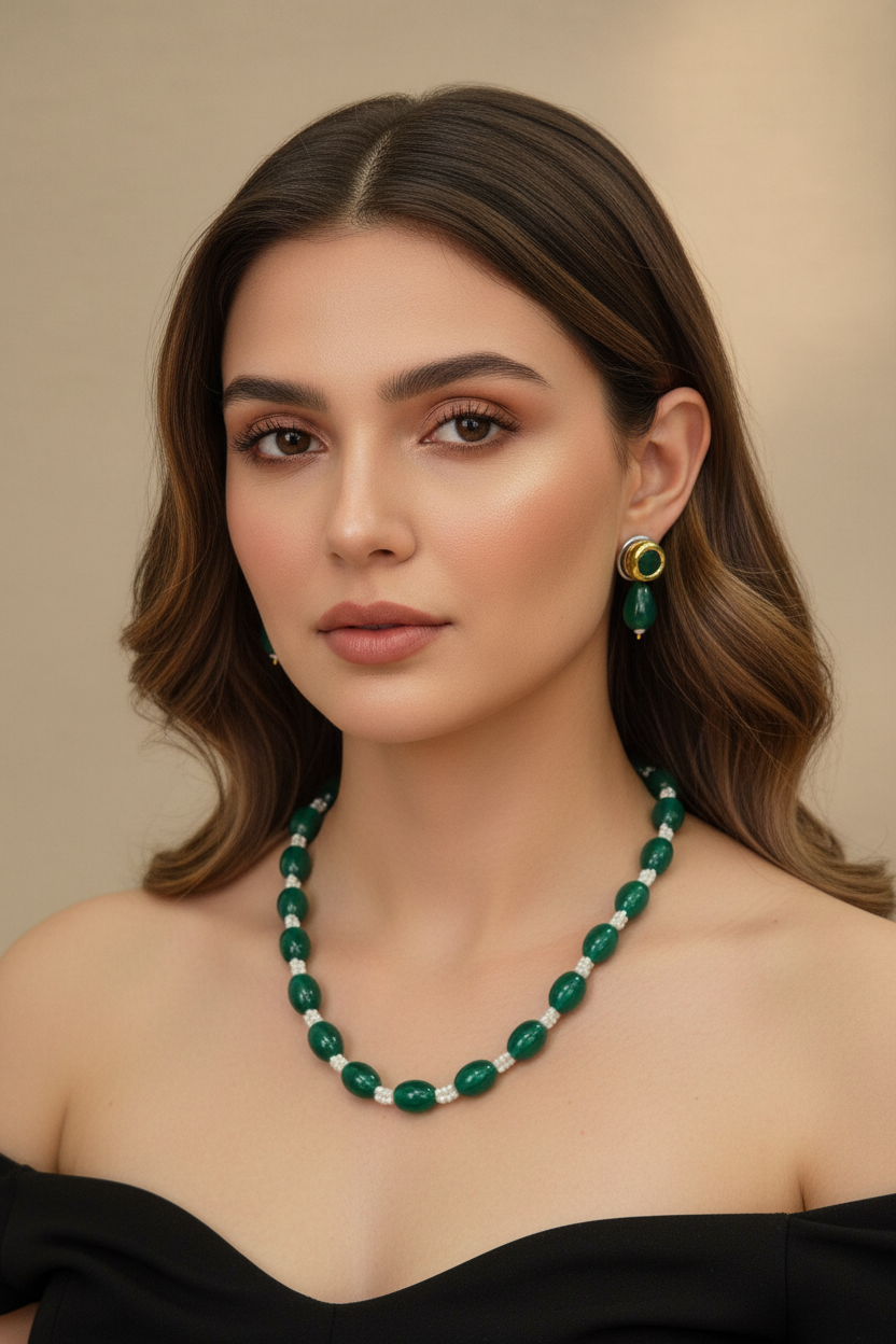 Elegant Green Drop & White Bead Necklace & Earring Set