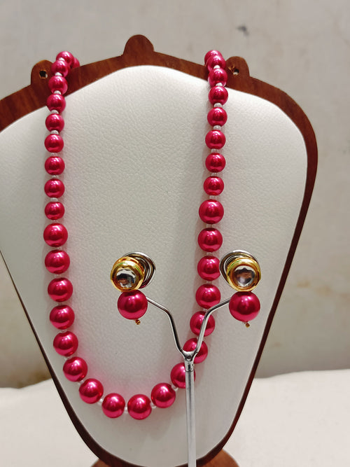 Bright Red Pearl Necklace With Golden Metal Earrings - view 2