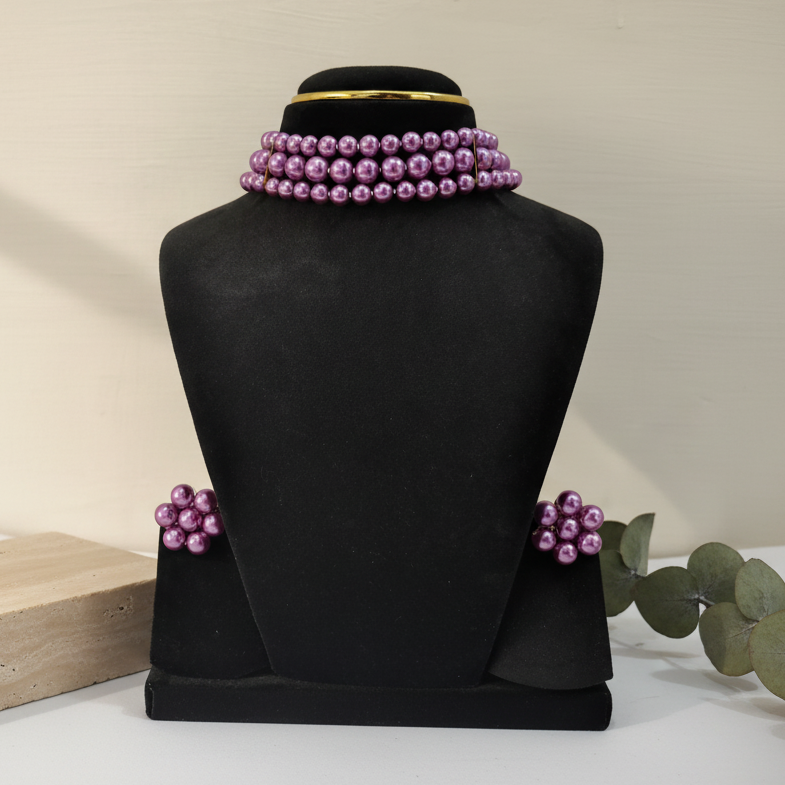 Purple Pearl 3 Layer With Earrings Choker Set - view 2