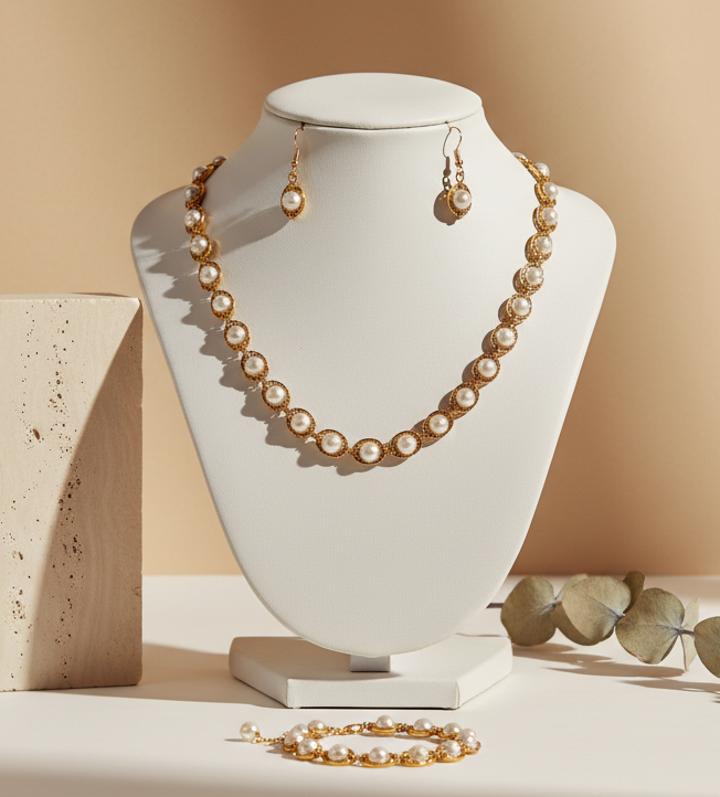 White Pearls With Golden Round Metal - Necklace, Earrings, Bracelet -5 piece Set - view 2