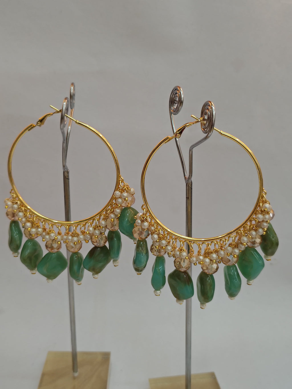 Golden Metal Hoop With C Green Stone - view 2