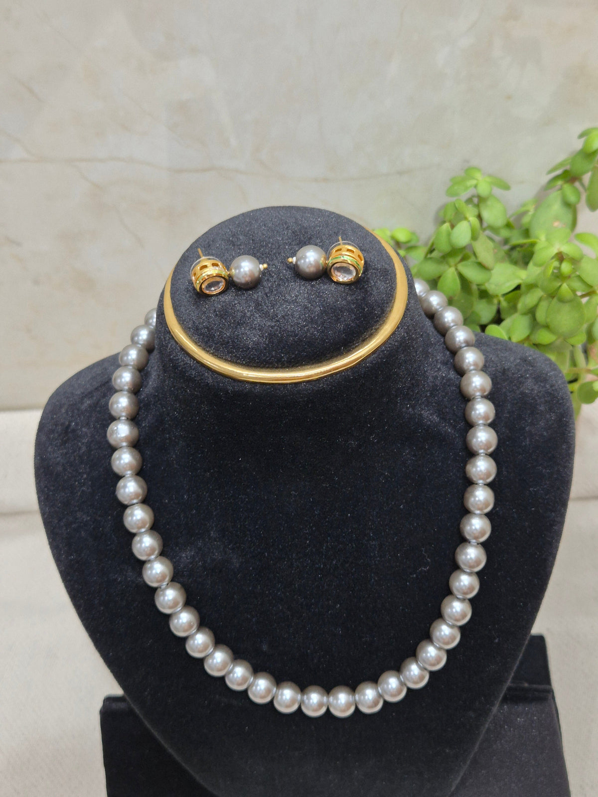 Grey Shade Pearl Necklace & Earrings Set - view 2