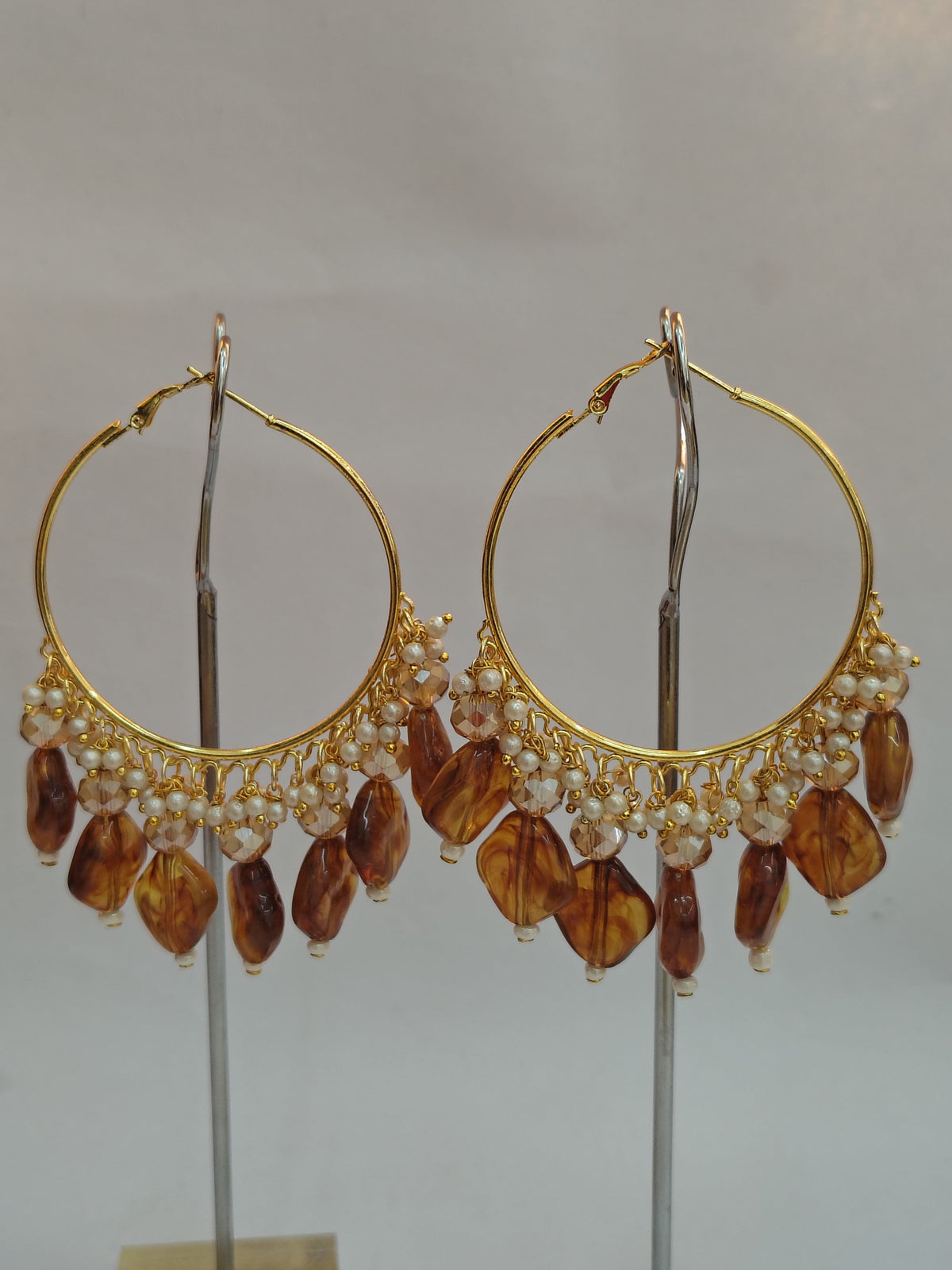 Golden Metal Hoop With Brown Shade Stone - view 2