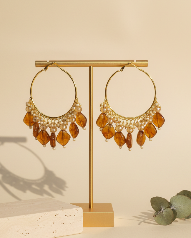 Golden Metal Hoop With Brown Shade Stone