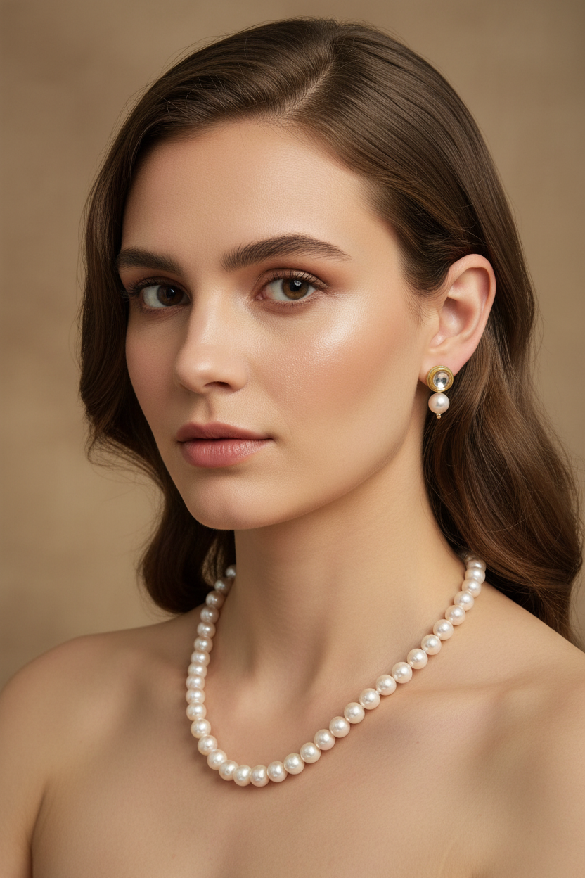Pink And White Pearl Combination Necklace With Metal Earrings