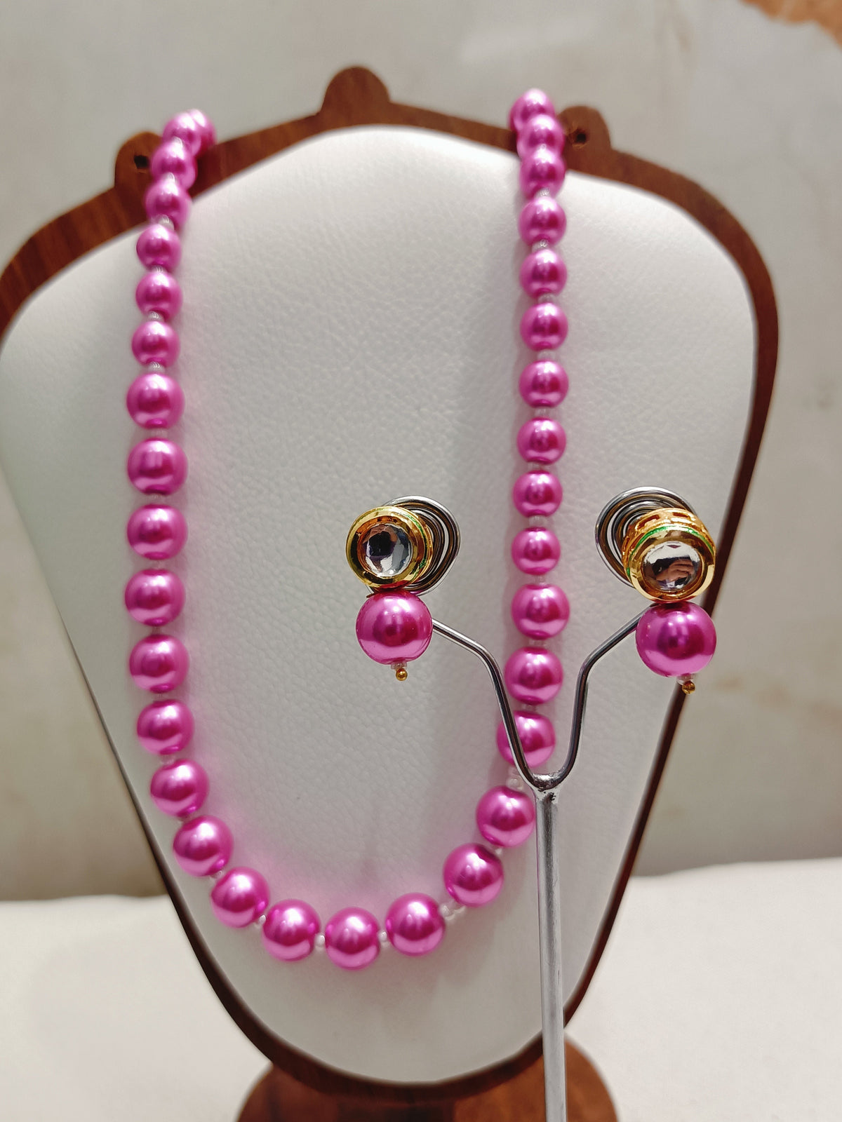 Bright Pink Pearl With Golden Metal Earrings - view 2