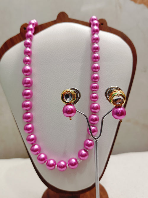 Bright Pink Pearl With Golden Metal Earrings - view 2
