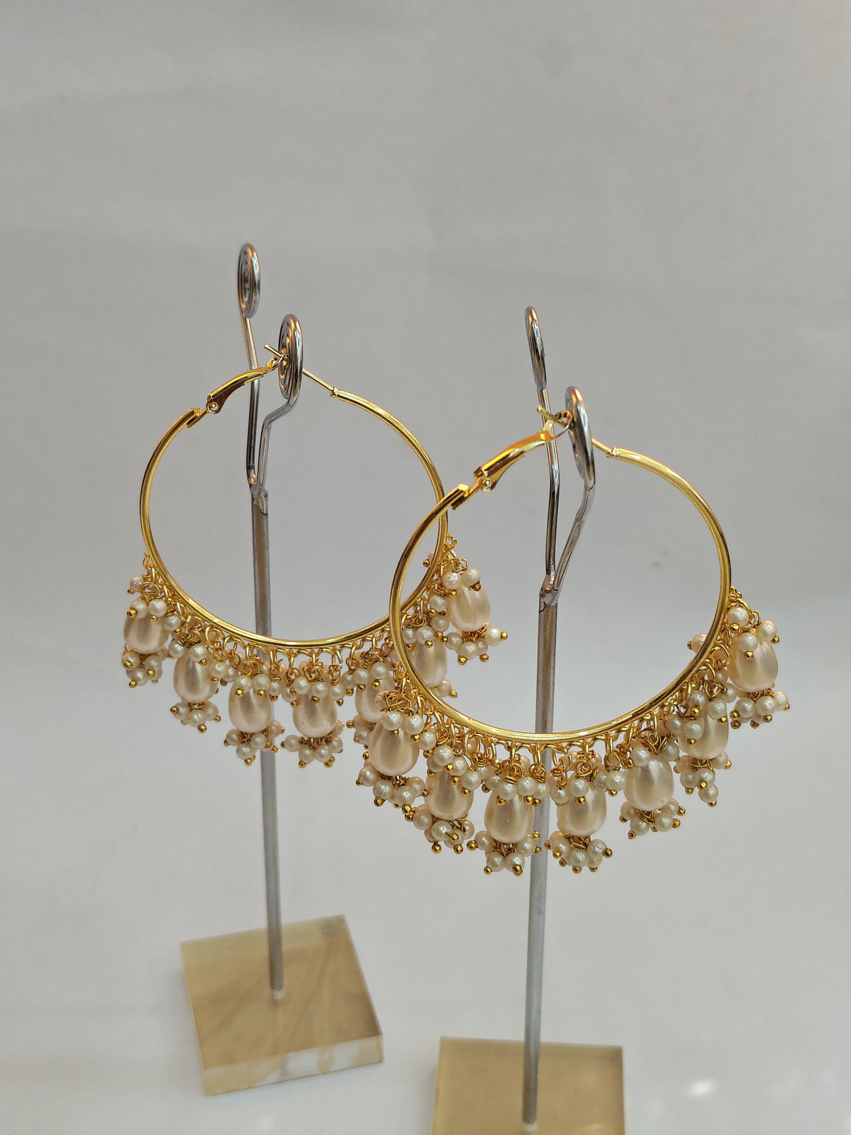 Golden Metal Hoop With White & Golden Shade Pearls - view 2