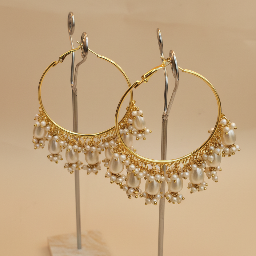 Golden Metal Hoop With White & Golden Shade Pearls