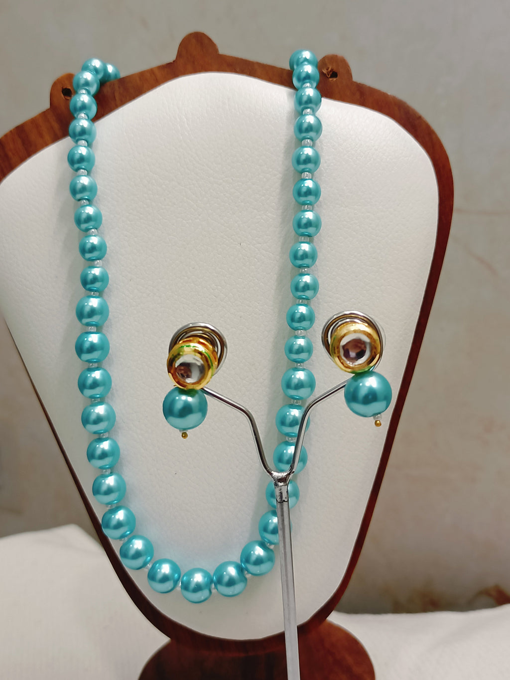 Sky Blue Pearl With Golden Metal Earrings - view 2