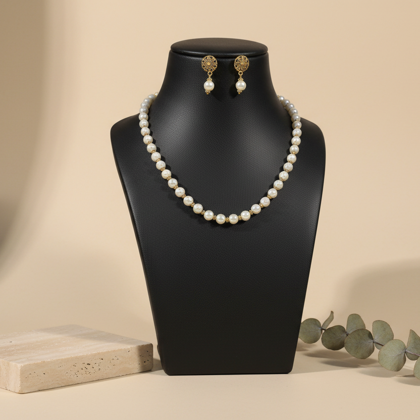 White Pearl Necklace With Earrings DB00140 - view 2