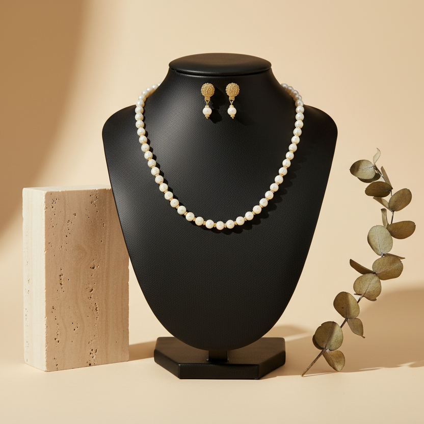 White & Golden Pearl Necklace With Matching Earrings - view 2