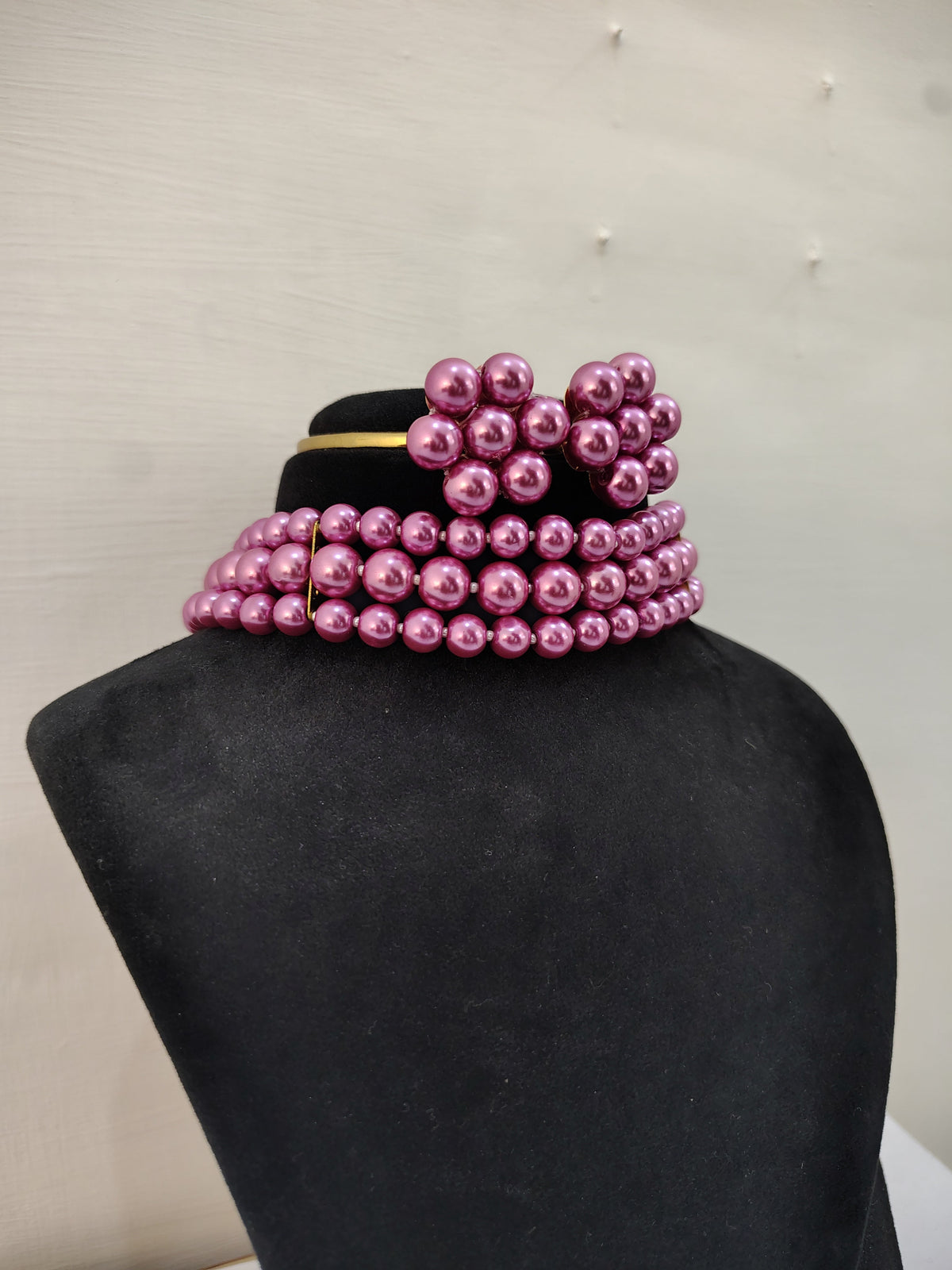 Bright Pink Pearl 3 Layer With Earrings Choker Set - view 2