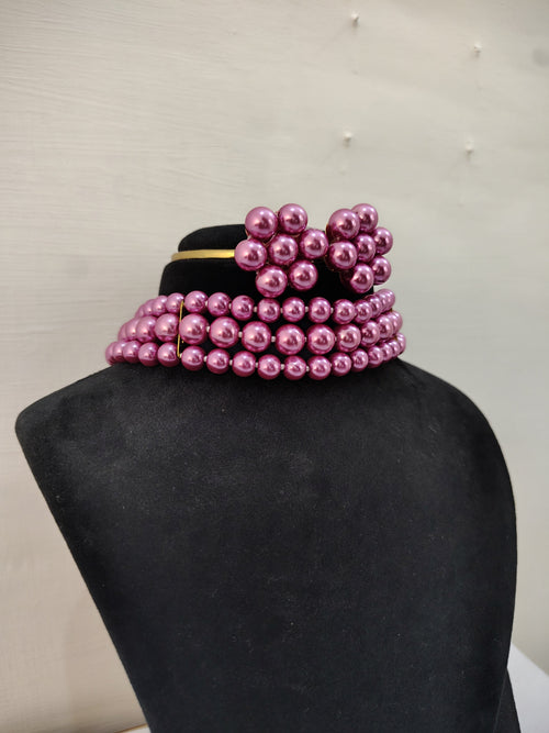 Bright Pink Pearl 3 Layer With Earrings Choker Set - view 2