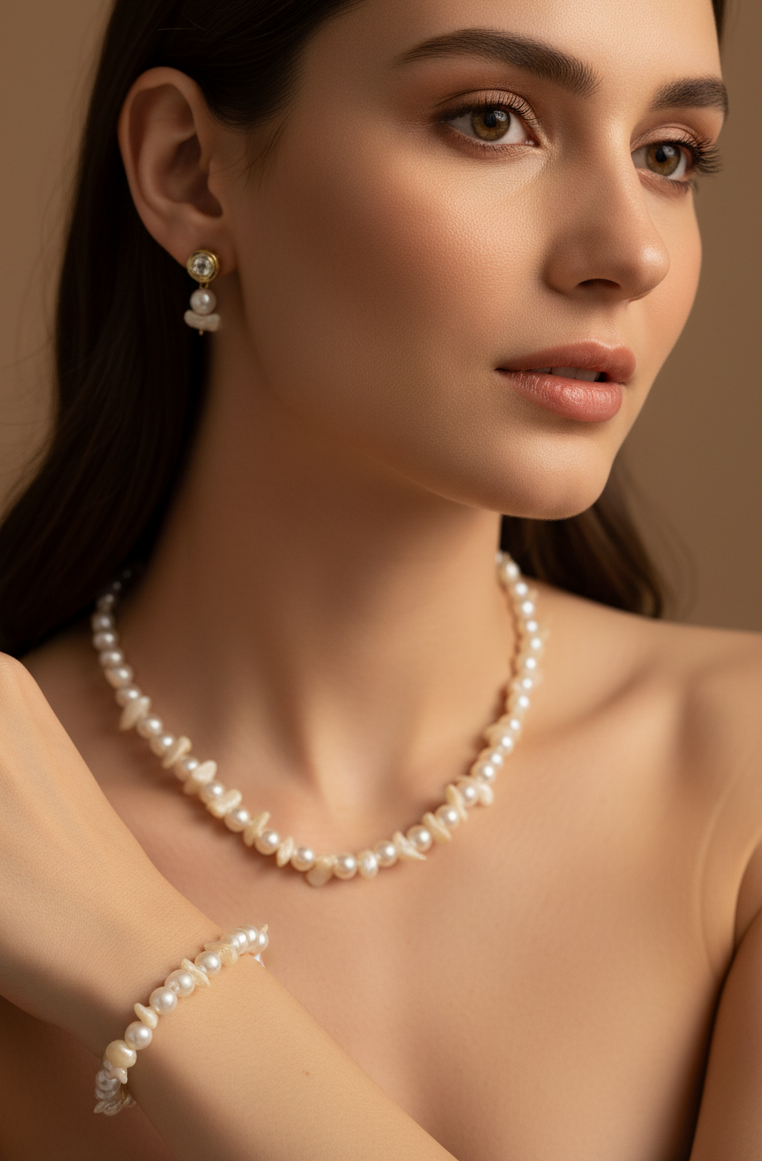 Unique White Pearl Necklace With Earring and Bracelet