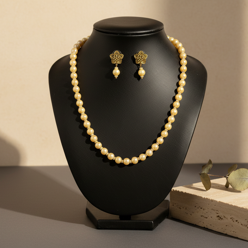 Golden Shade Pearl Necklace With Earrings - view 2