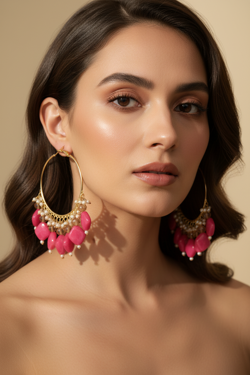 Golden Metal Hoop With Bright Pink Stone