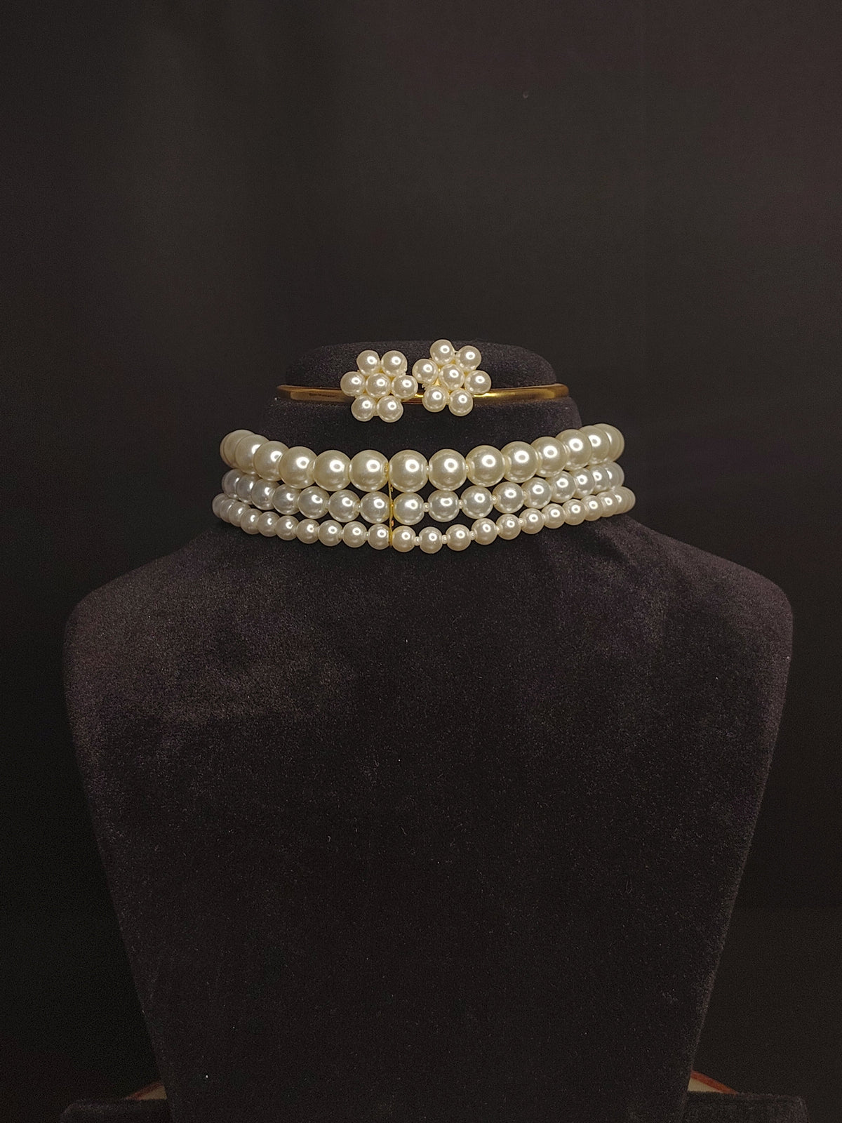 Classic White Three-Strand Pearl Necklace & Earring Set - view 2
