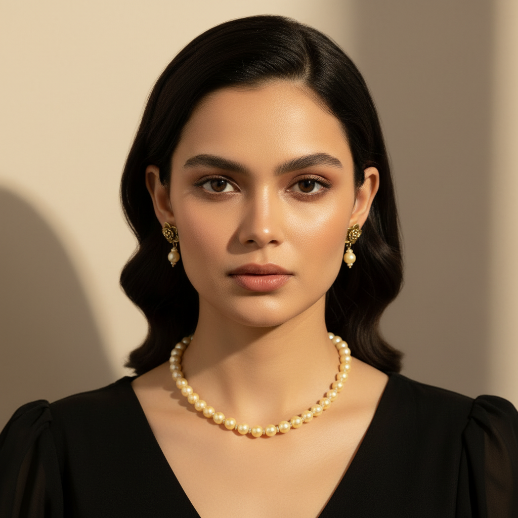 Golden Shade Pearl Necklace With Earrings
