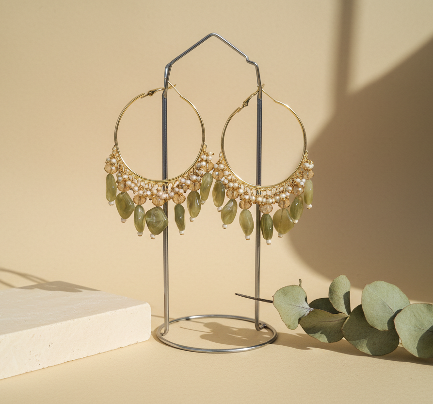 Golden Metal Hoop With Green Stone Look - view 2