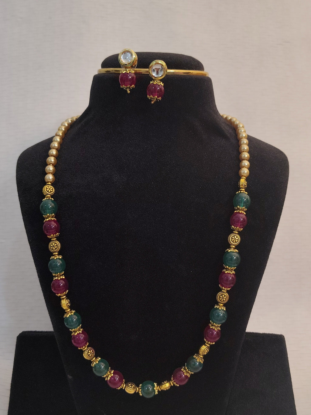 Red and Green Gemstone Beaded Mala with Gold Spacers - view 2