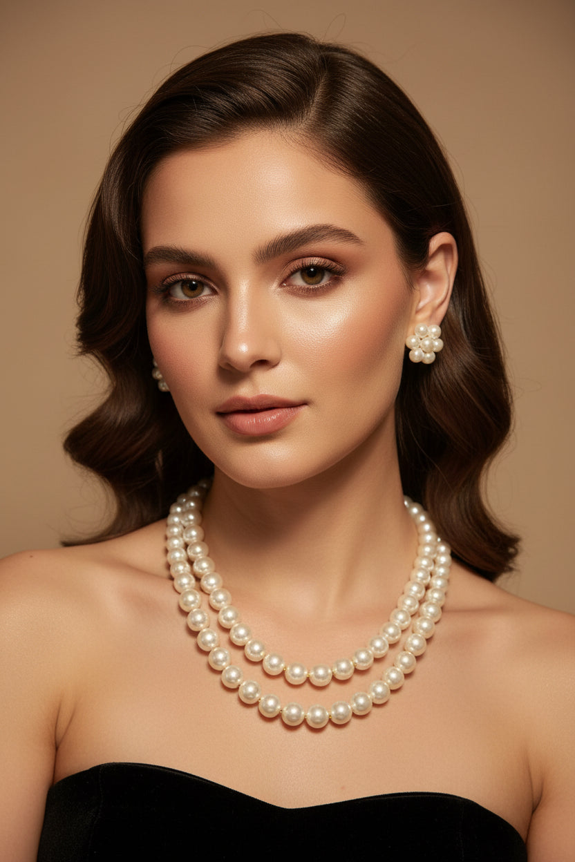 Classic White Pearl double Layer With Earrings