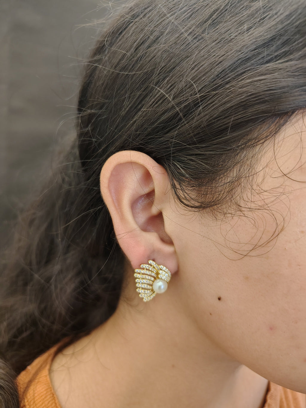 Pavé Seashell & Pearl Studs - view 2
