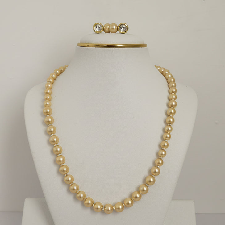 Golden Shade Pearl Necklace Set With Golden Metal Earrings - view 2