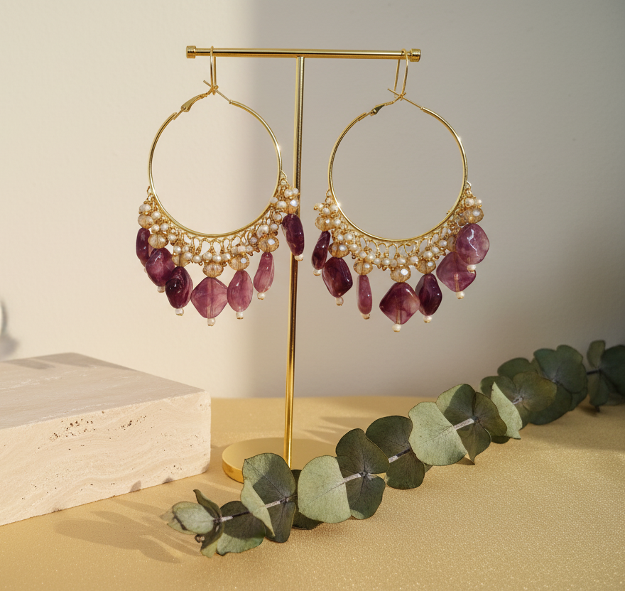 Golden Metal Hoop With Dark Rose Stone Look - view 2