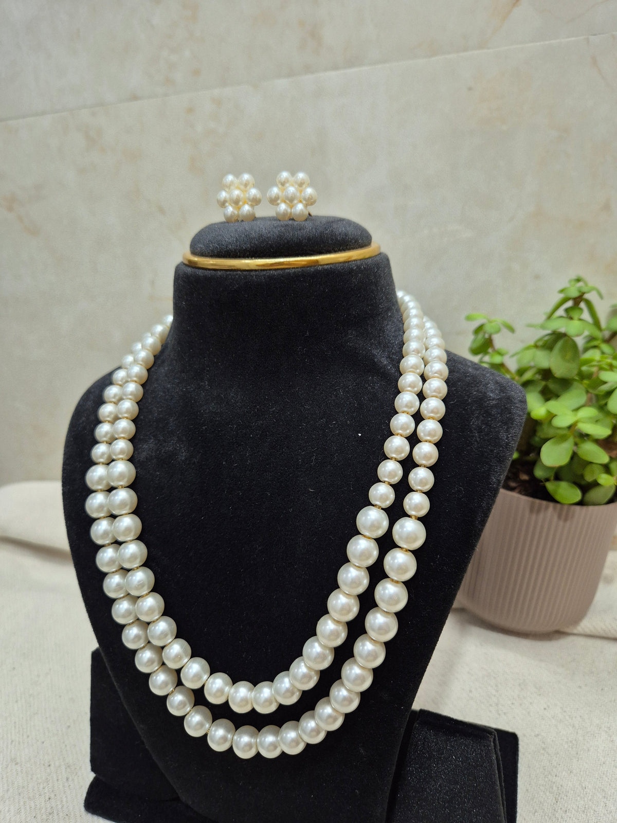 Classic White Pearl double Layer With Earrings - view 2