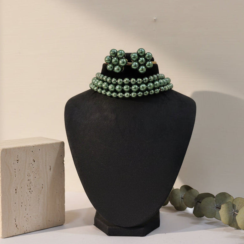 Bright Green Pearl 3 Layer With Earrings Choker Set - view 2